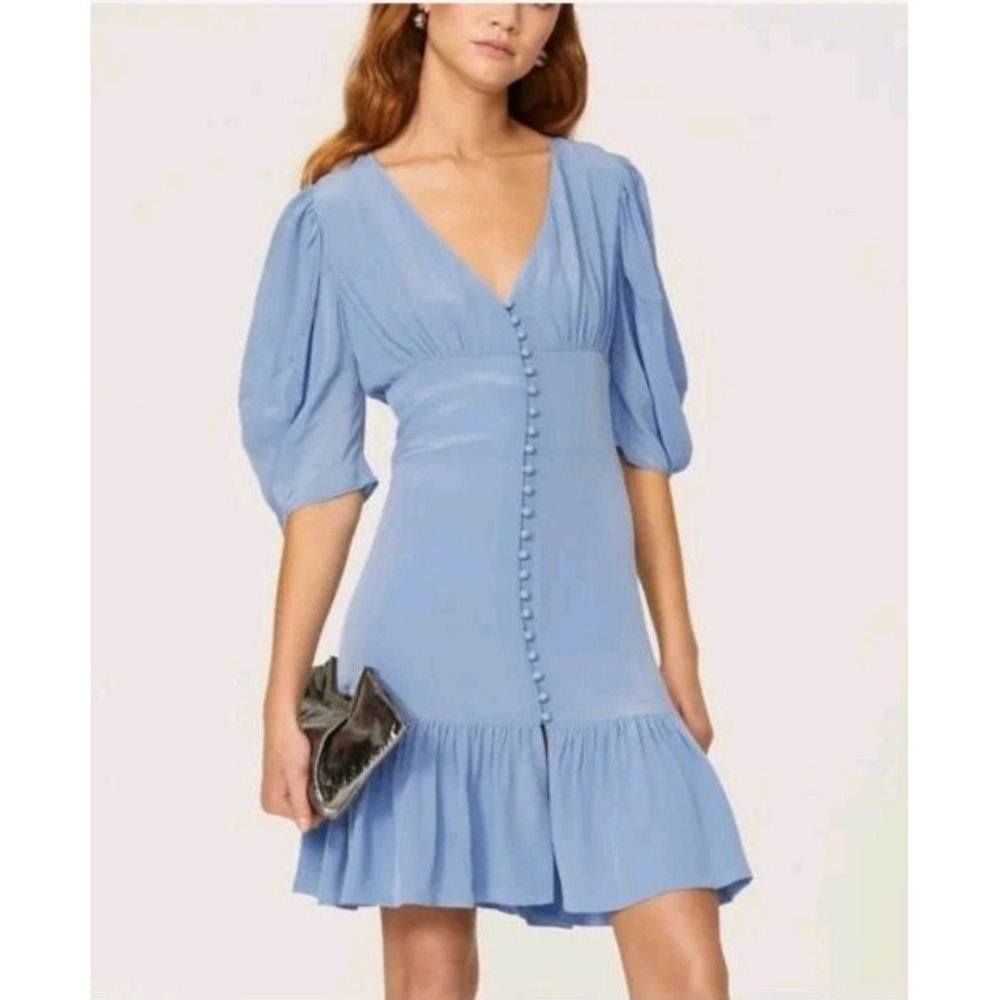 The Kooples Paris Blue Short Button Front Puff Sleeve V-Neck Mini Dress Size 4